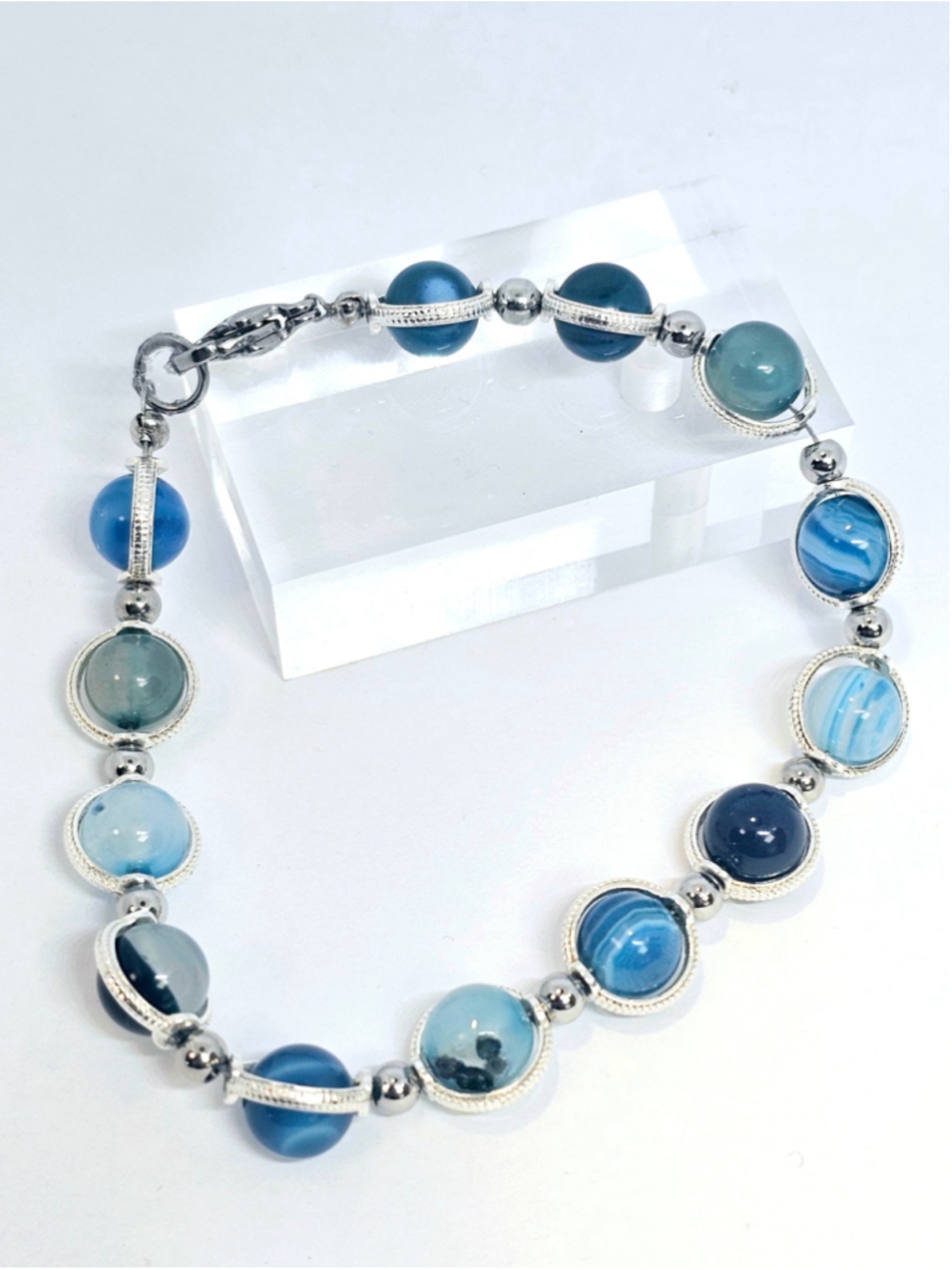 Kinetic Blue Lace Agate Bracelet | Handmade Articulated Gemstone Bracelet | 7.5"
